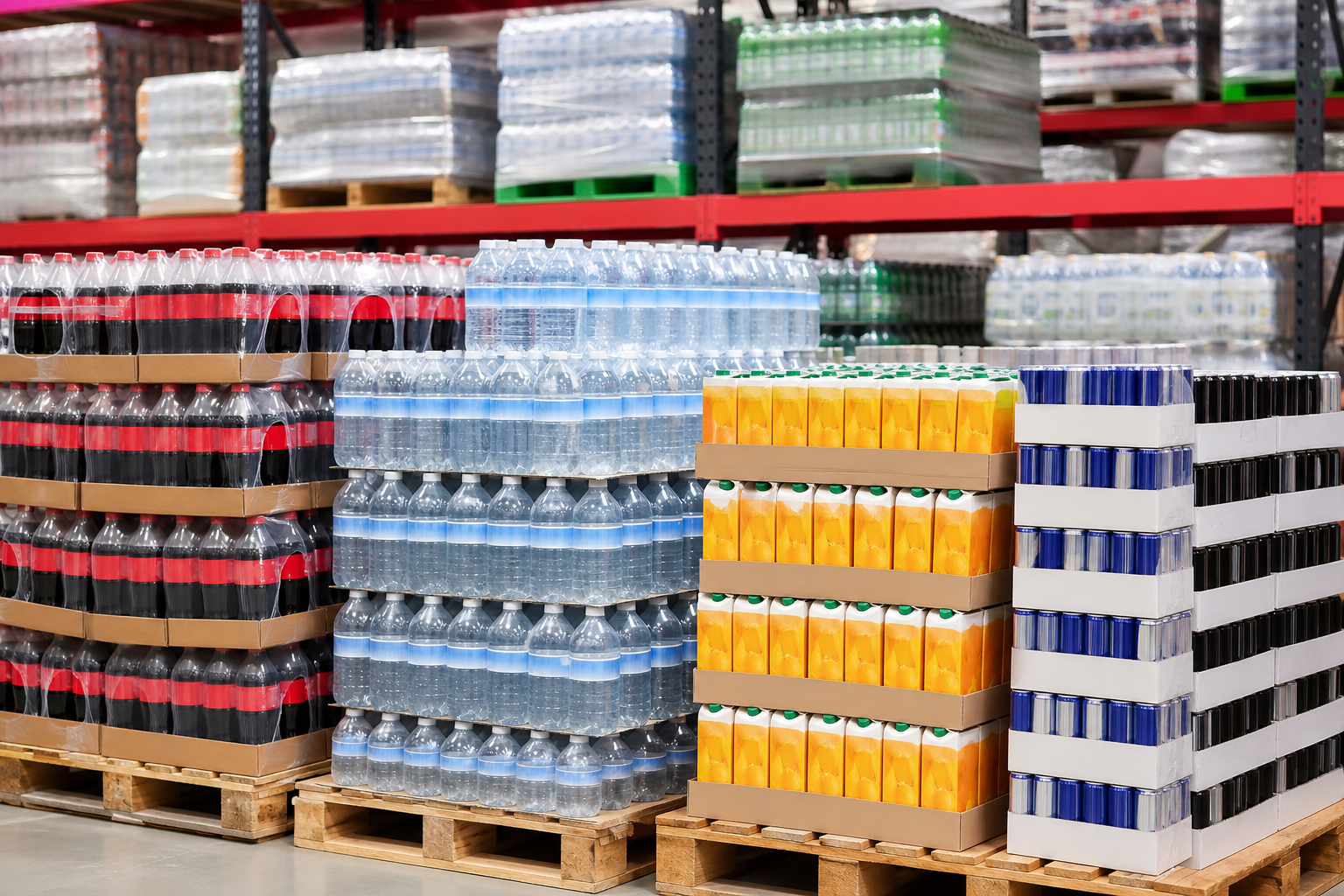 Bulk bottled water stock in a wholesale warehouse