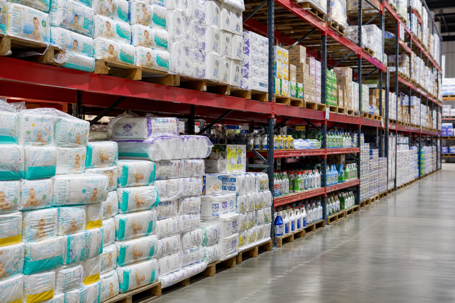 Baby diapers stacked with household essentials