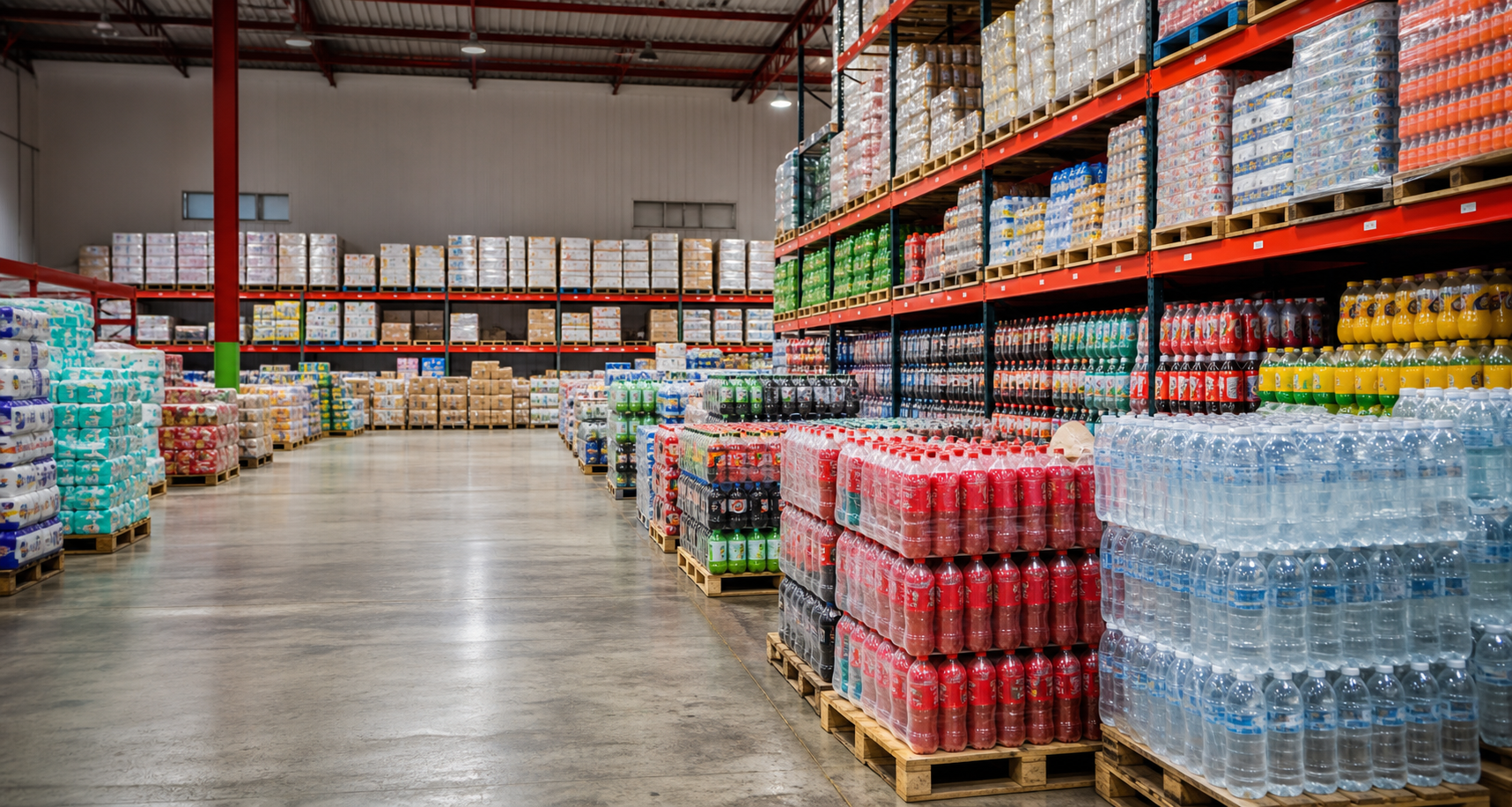 Wholesale warehouse with bulk drinks, bottled water, diapers, and FMCG stock